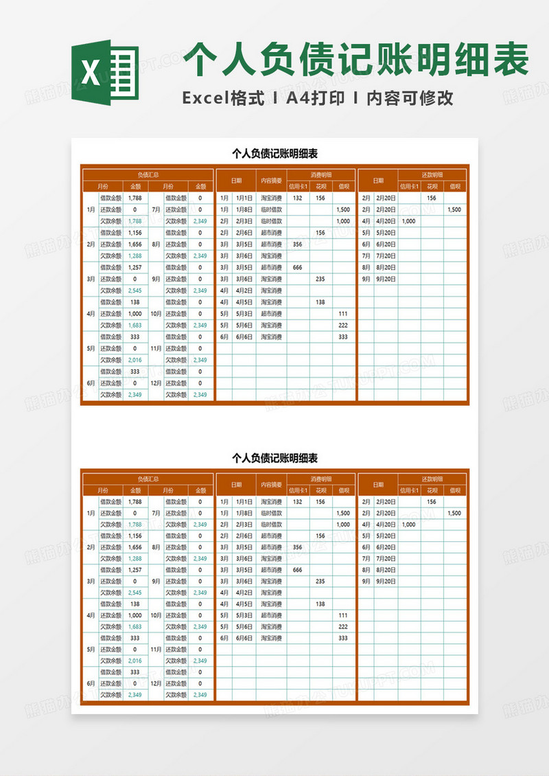 个人负债记账明细表excel模板