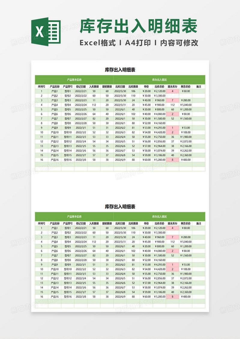 库存出入明细表excel模板