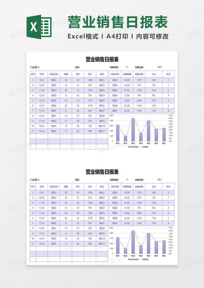 紫色简约营业销售日报表excel模板