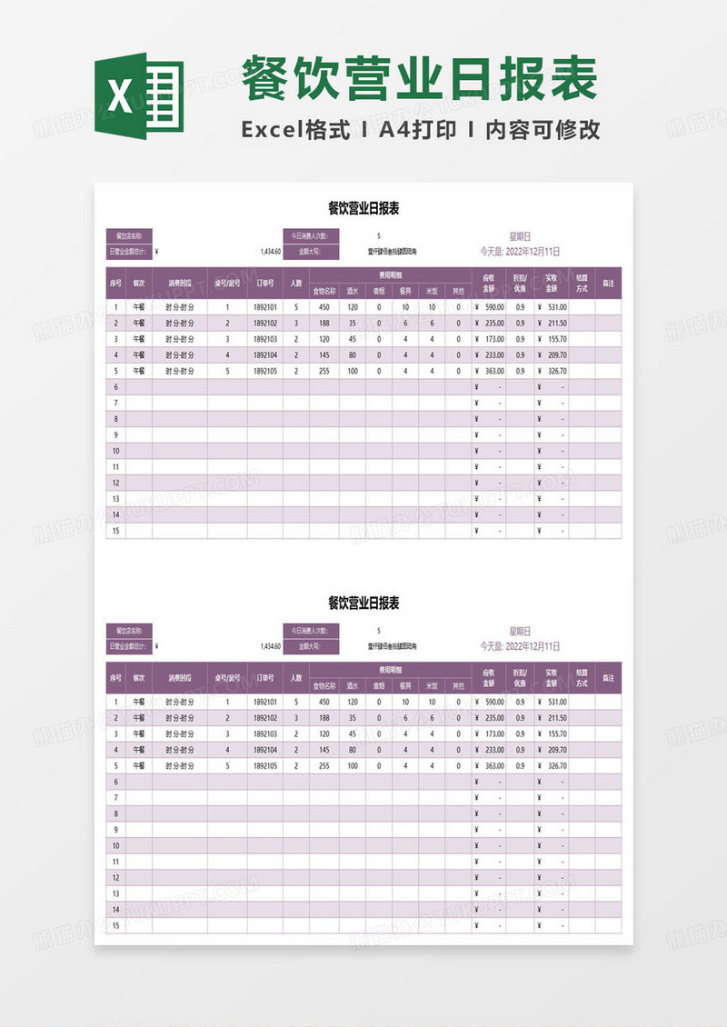 餐饮行业营业日报表excel模板