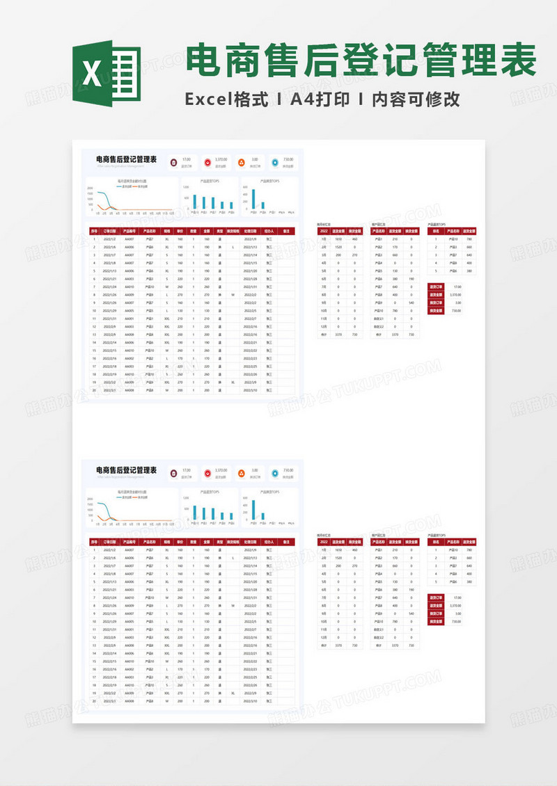 电商售后登记管理表excel模板
