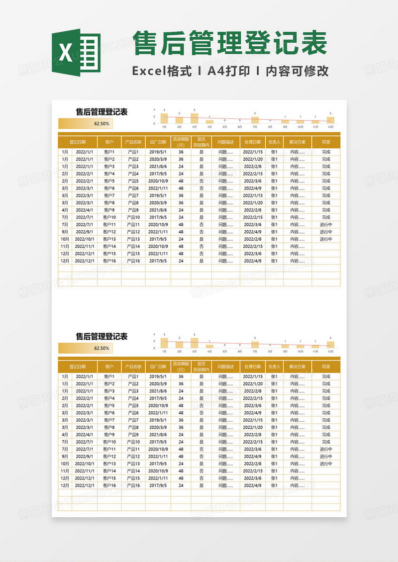 简约橙色售后管理登记表excel模板