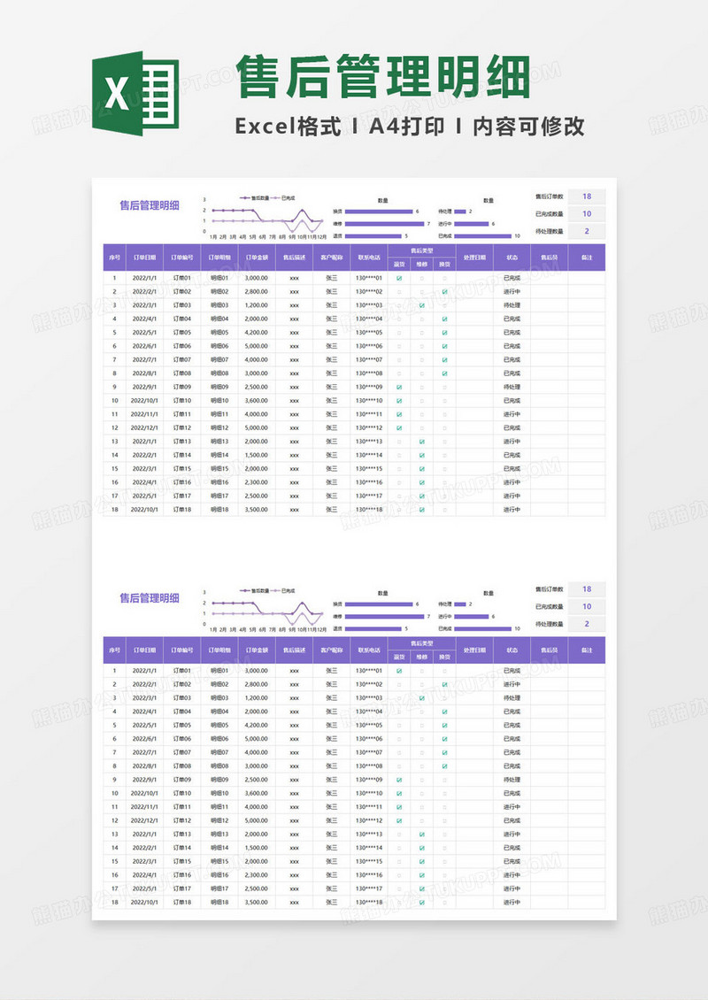 简约售后管理明细表excel模板