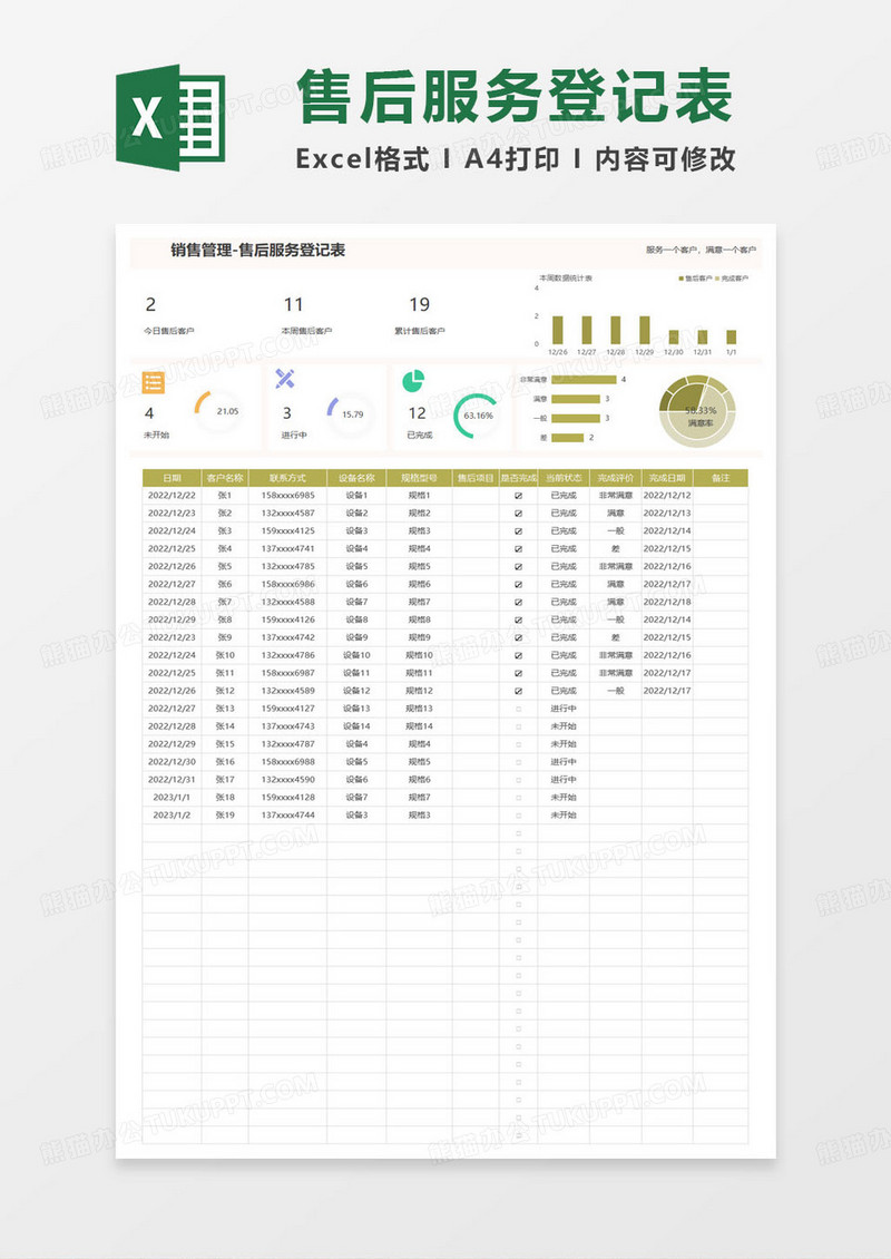 销售管理售后服务登记表excel模板