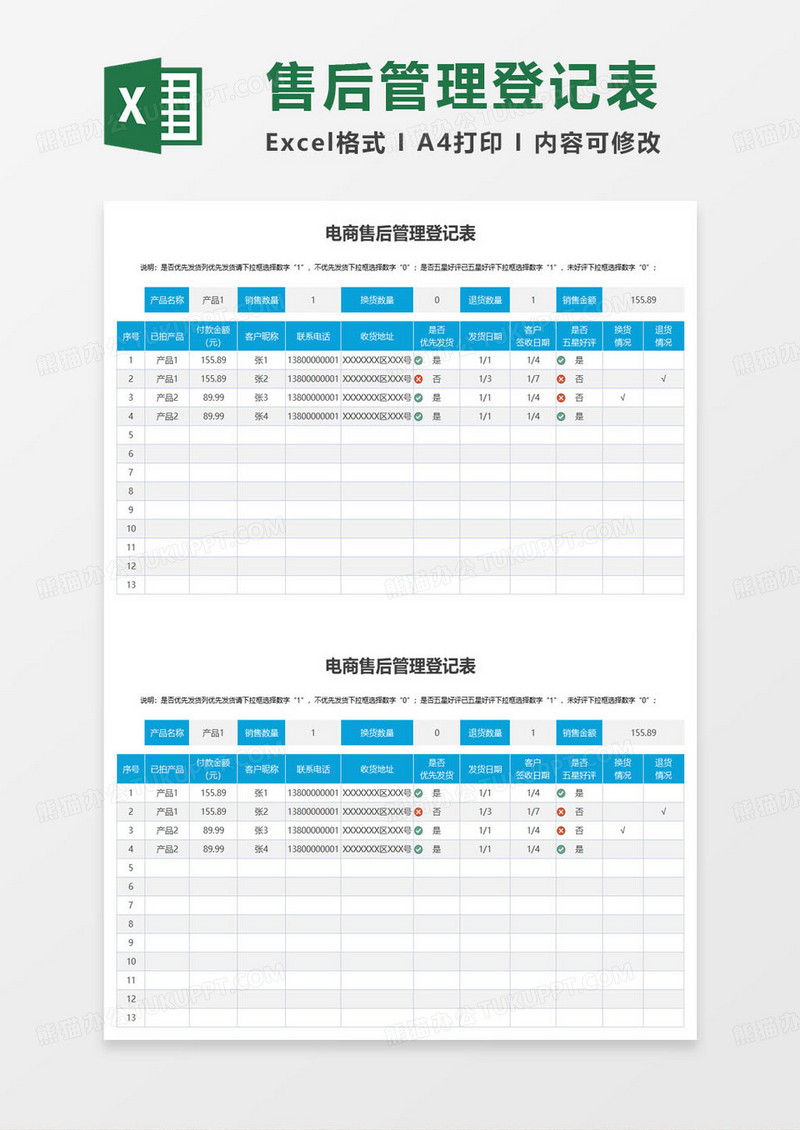 电商店铺售后管理登记表excel模板