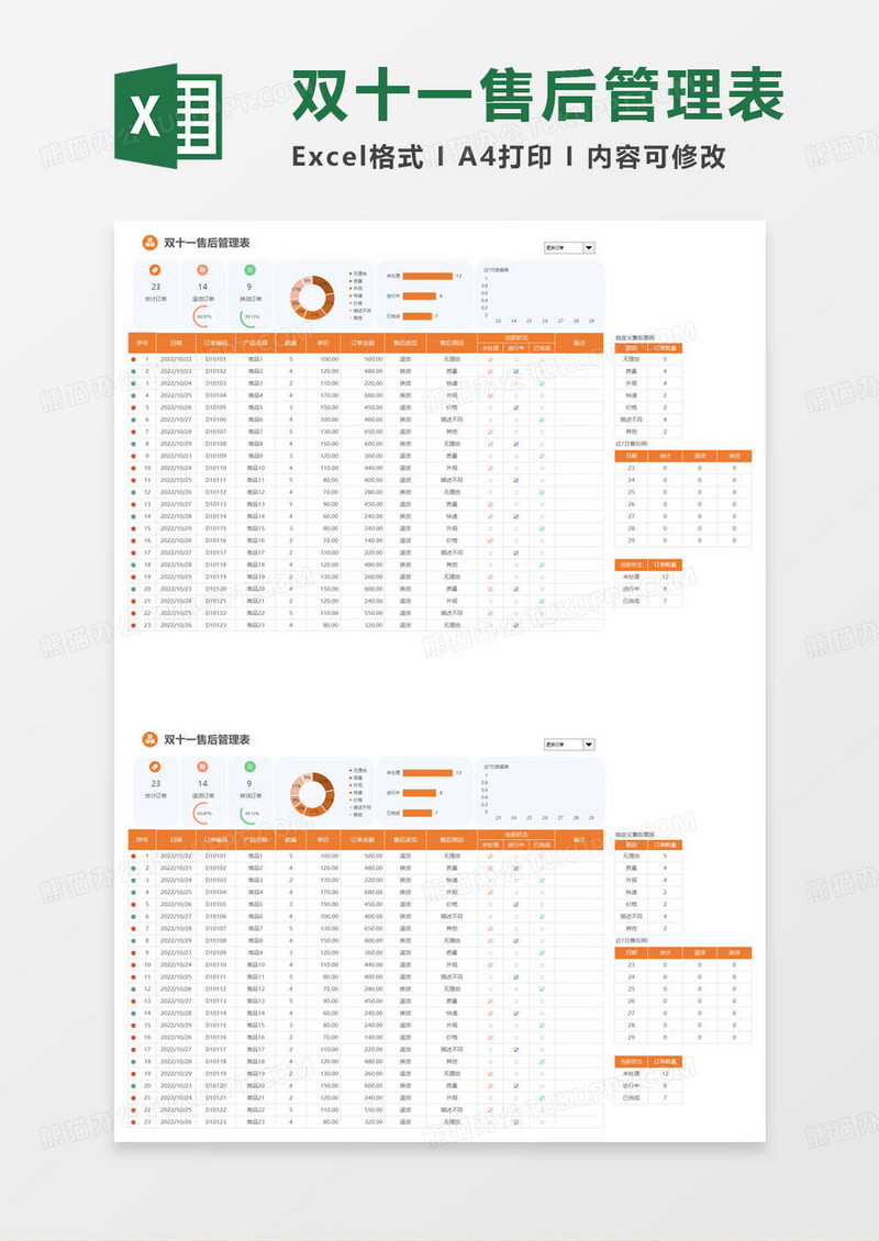 双十一售后管理表excel模板