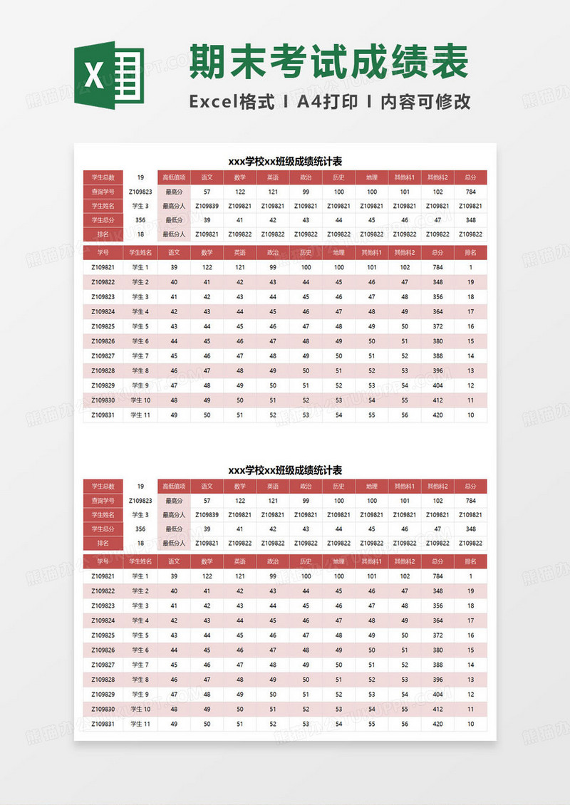 班级成绩统计表excel模板