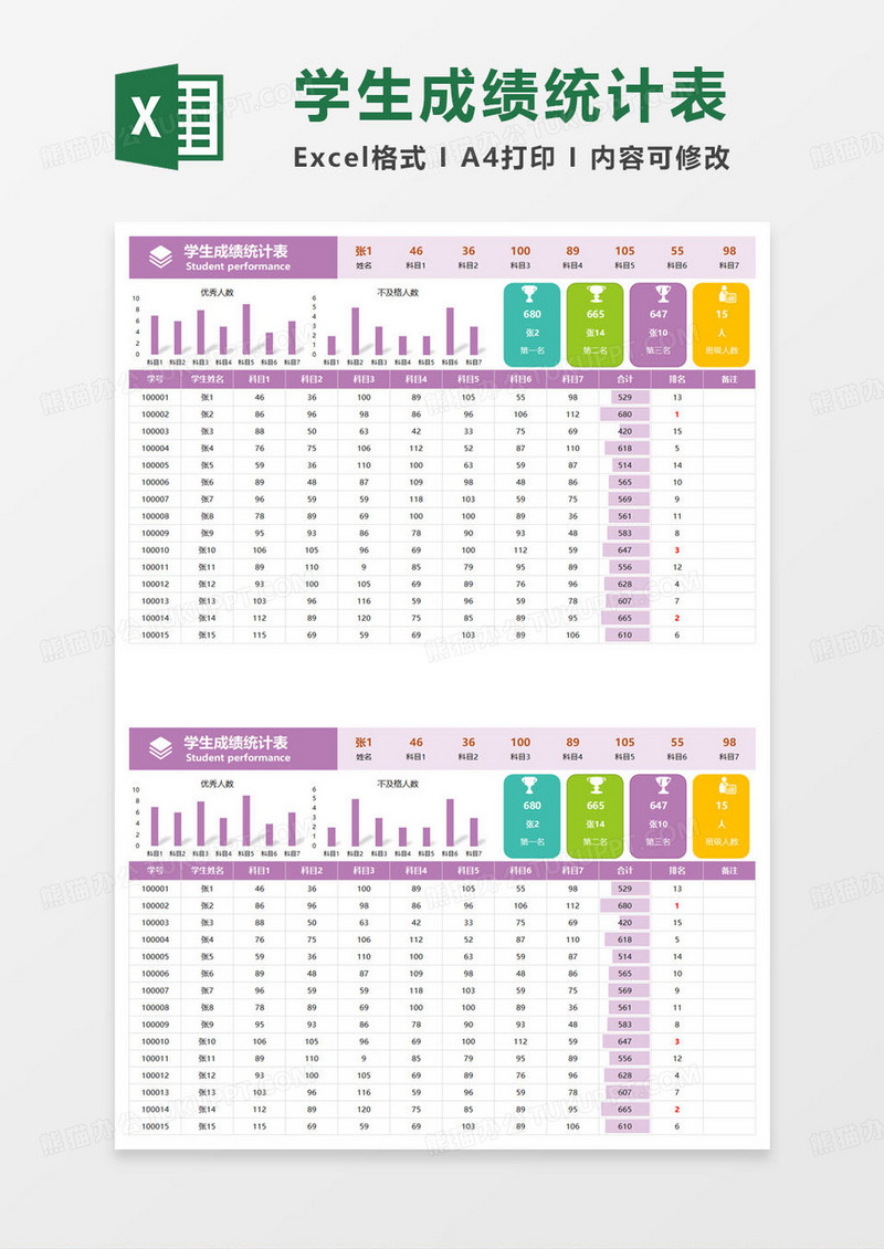 简约期末学生成绩统计表excel模板