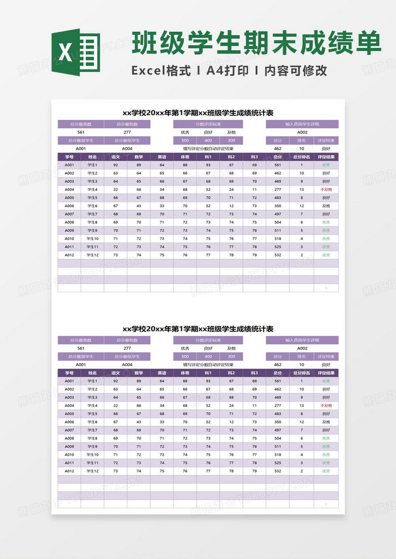 某学期班级学生成绩统计表excel模板