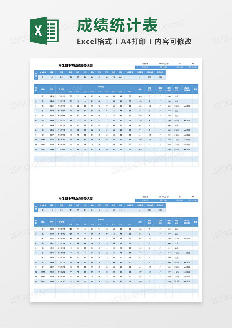 学生期中考试成绩登记表excel模板
