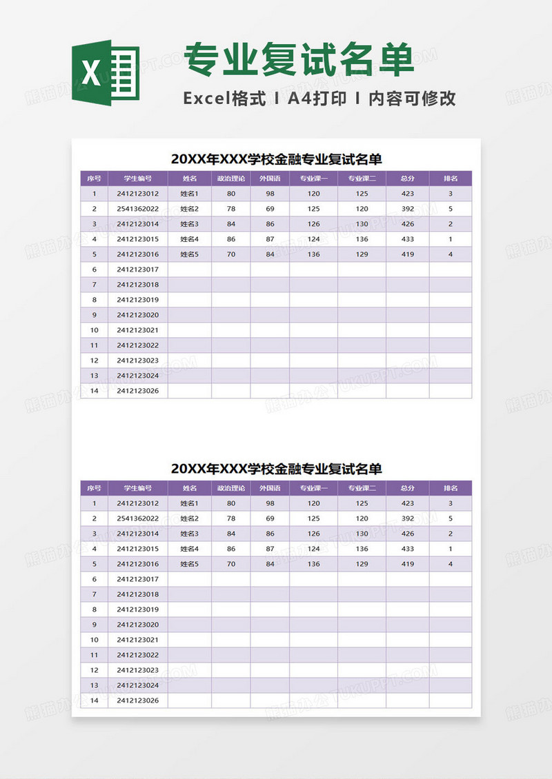 学校金融专业复试名单excel模板