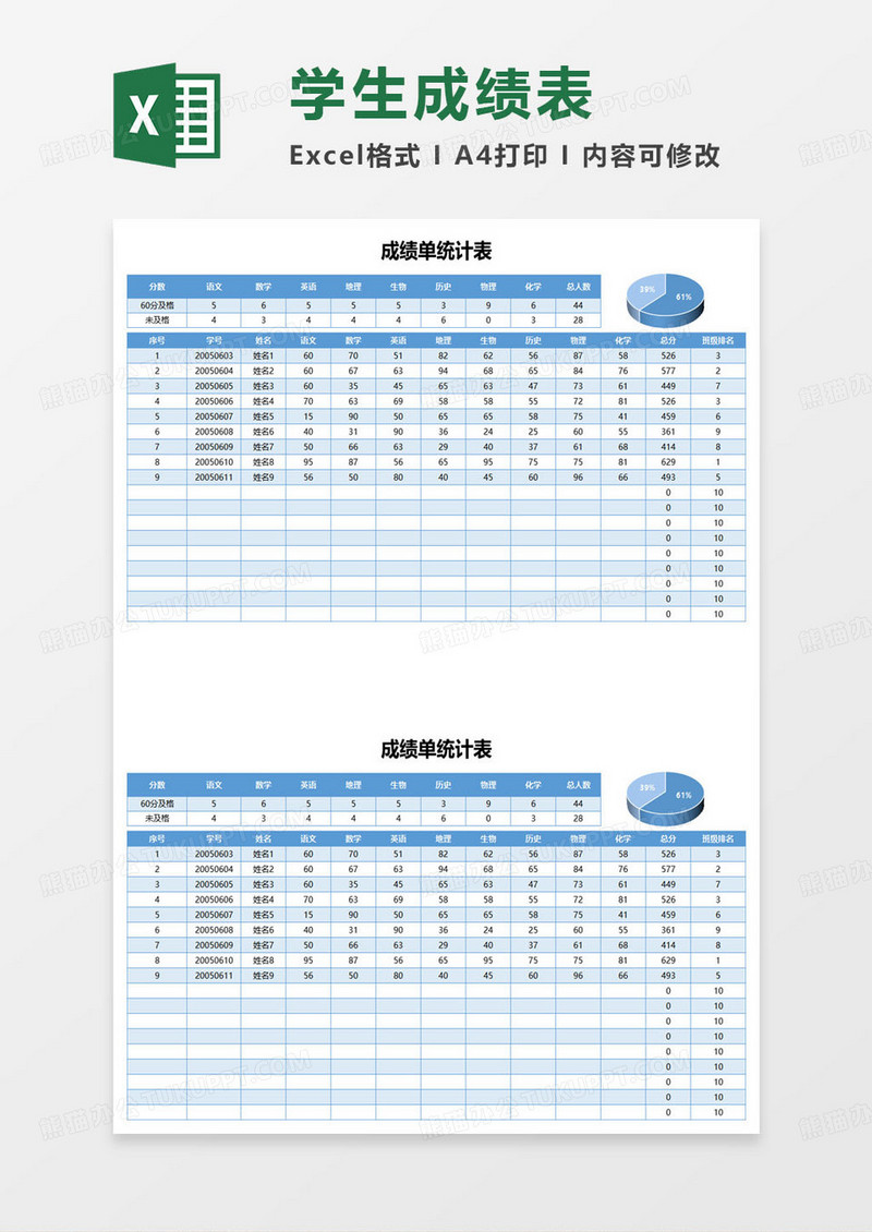 学校学生成绩单统计表excel模板