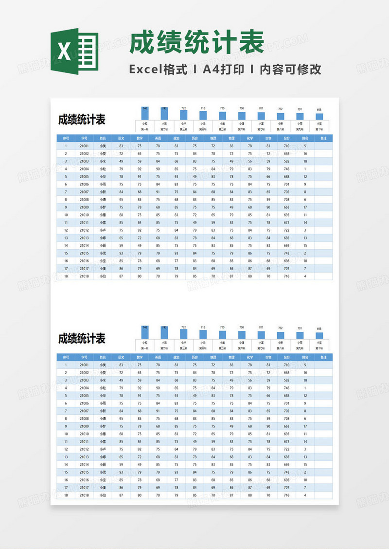 蓝色简约学生成绩单excel模板