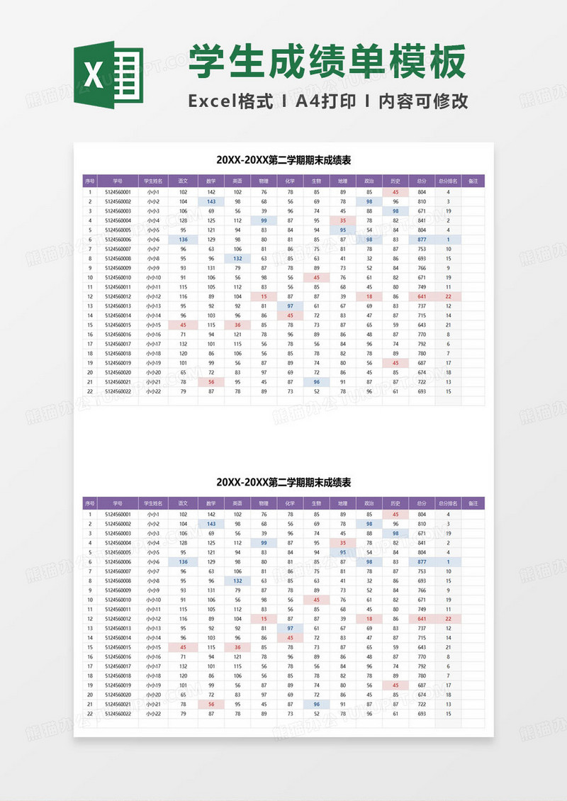 第二学期期末成绩表excel模板