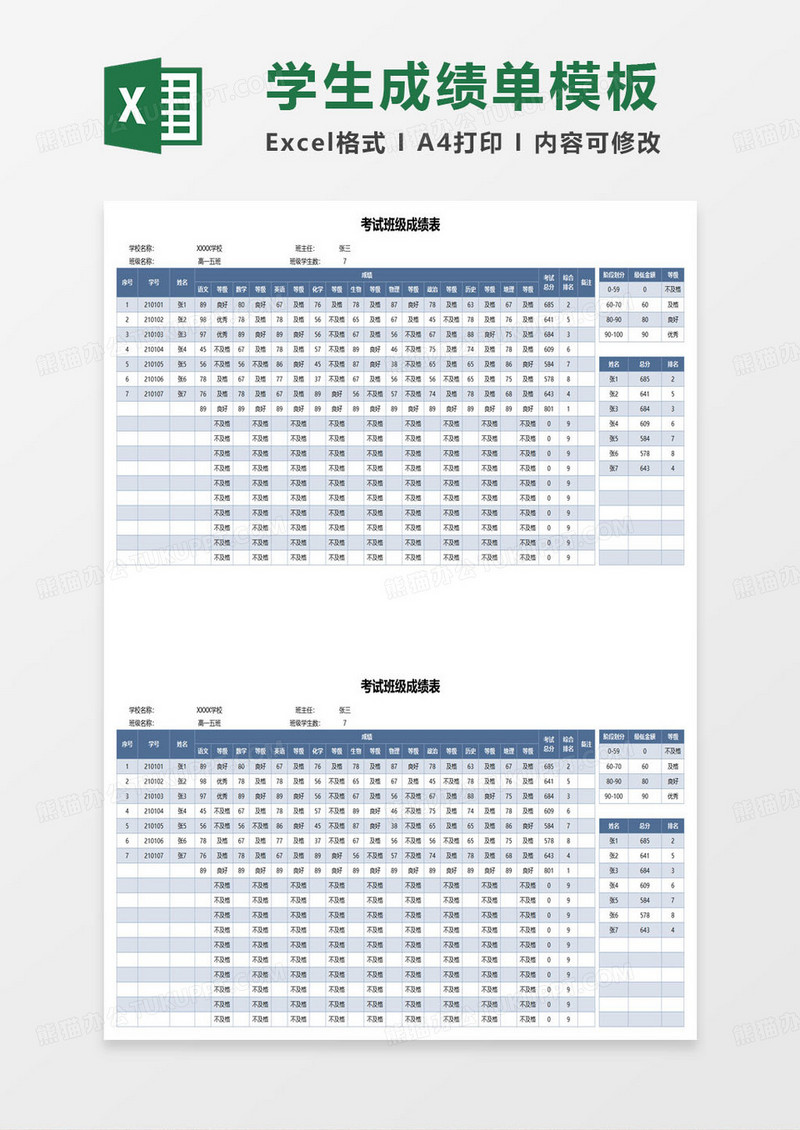 考试班级成绩表excel模板