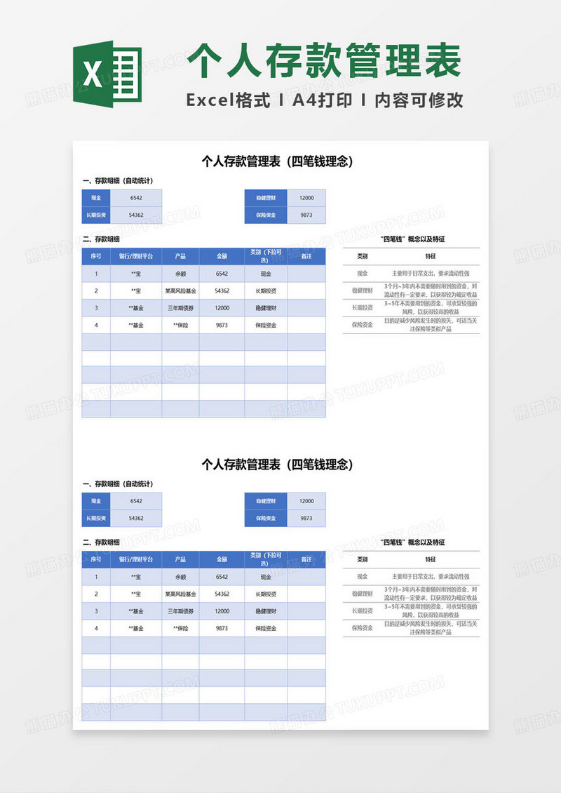 个人存款管理表（四笔钱理念）excel模板