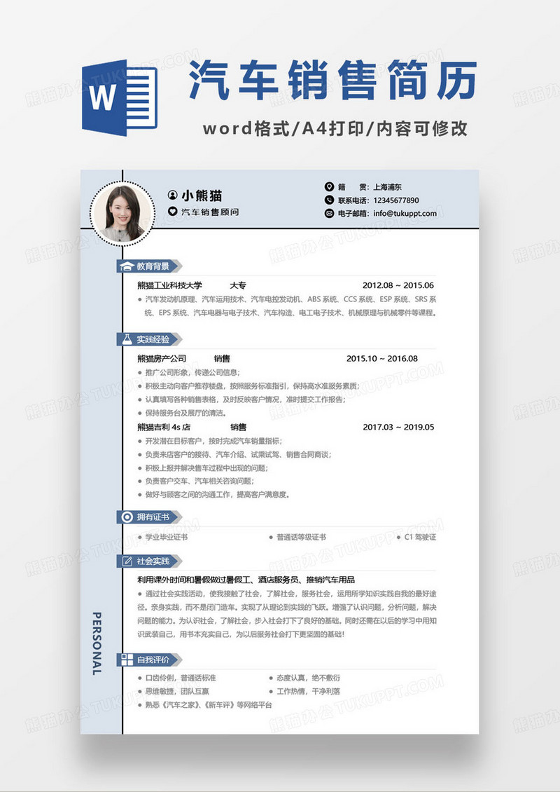 雾霾蓝汽车销售个人简历模板