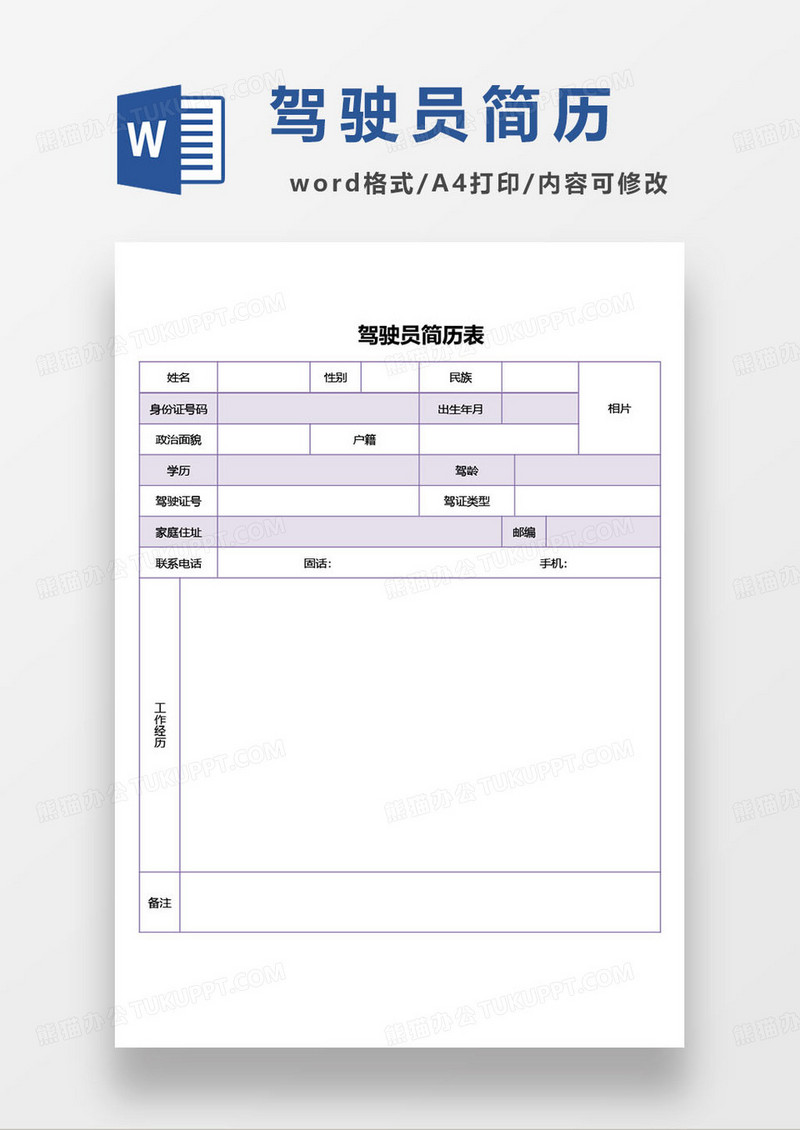 简约驾驶员通用简历登记表模板