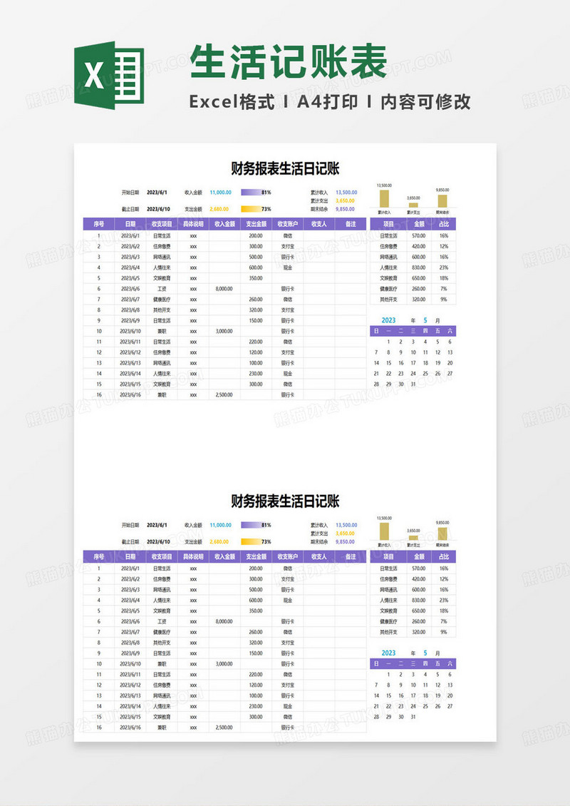 简约公司财务报表生活日记账