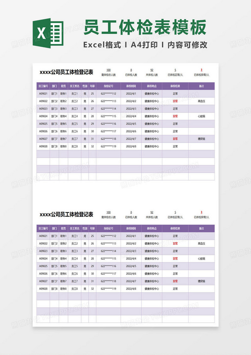 xxxx公司员工体检登记表excel模板