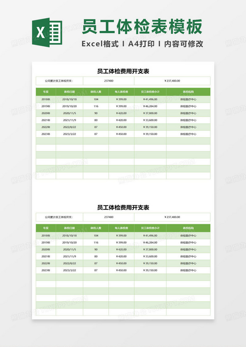 公司员工年度体检费用开支表excel模板