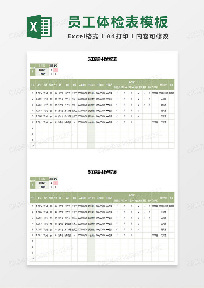 绿色小清新员工健康体检登记表excel模板