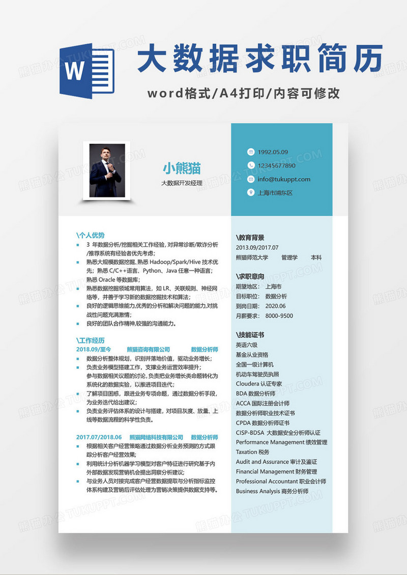 公司企业大数据开发经理分析师求职简历