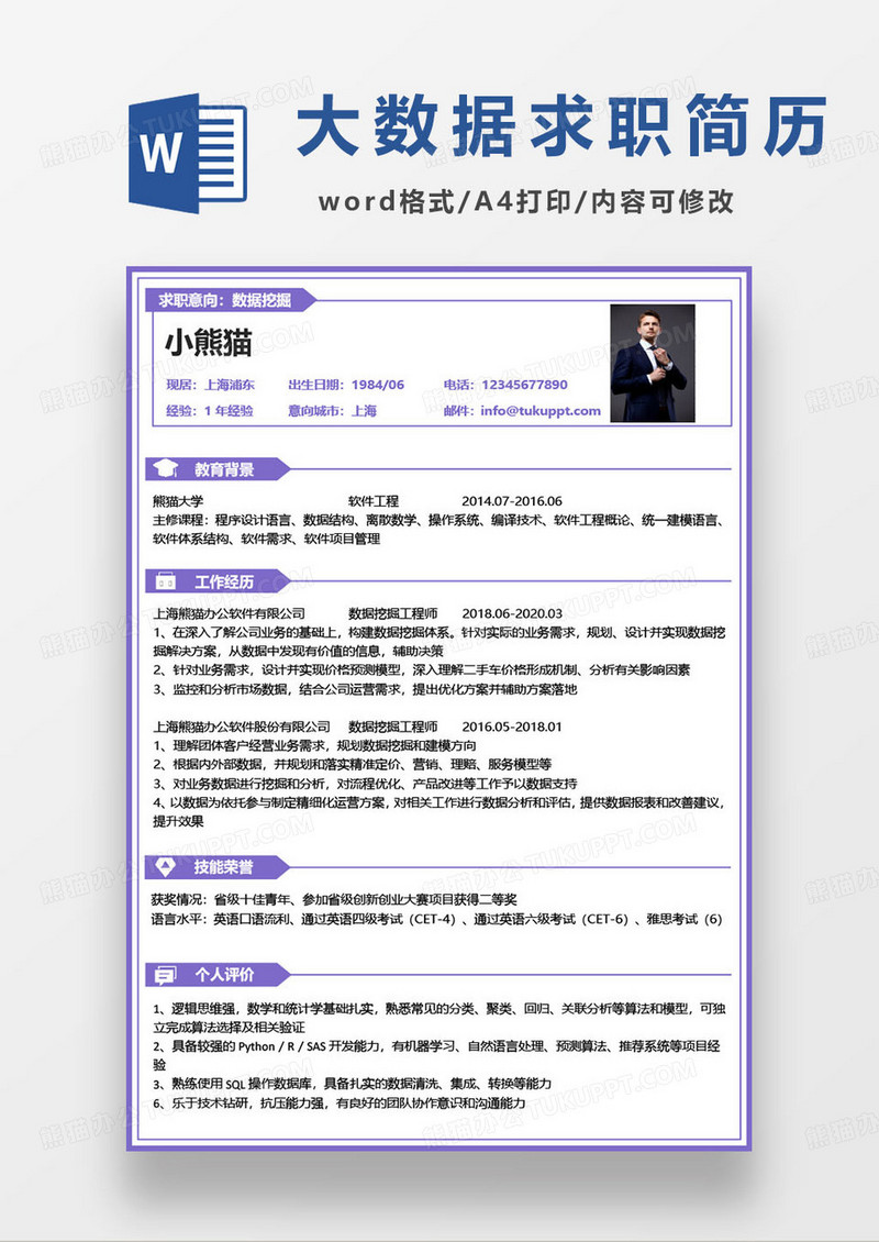 紫色简约数据挖掘个人求职简历