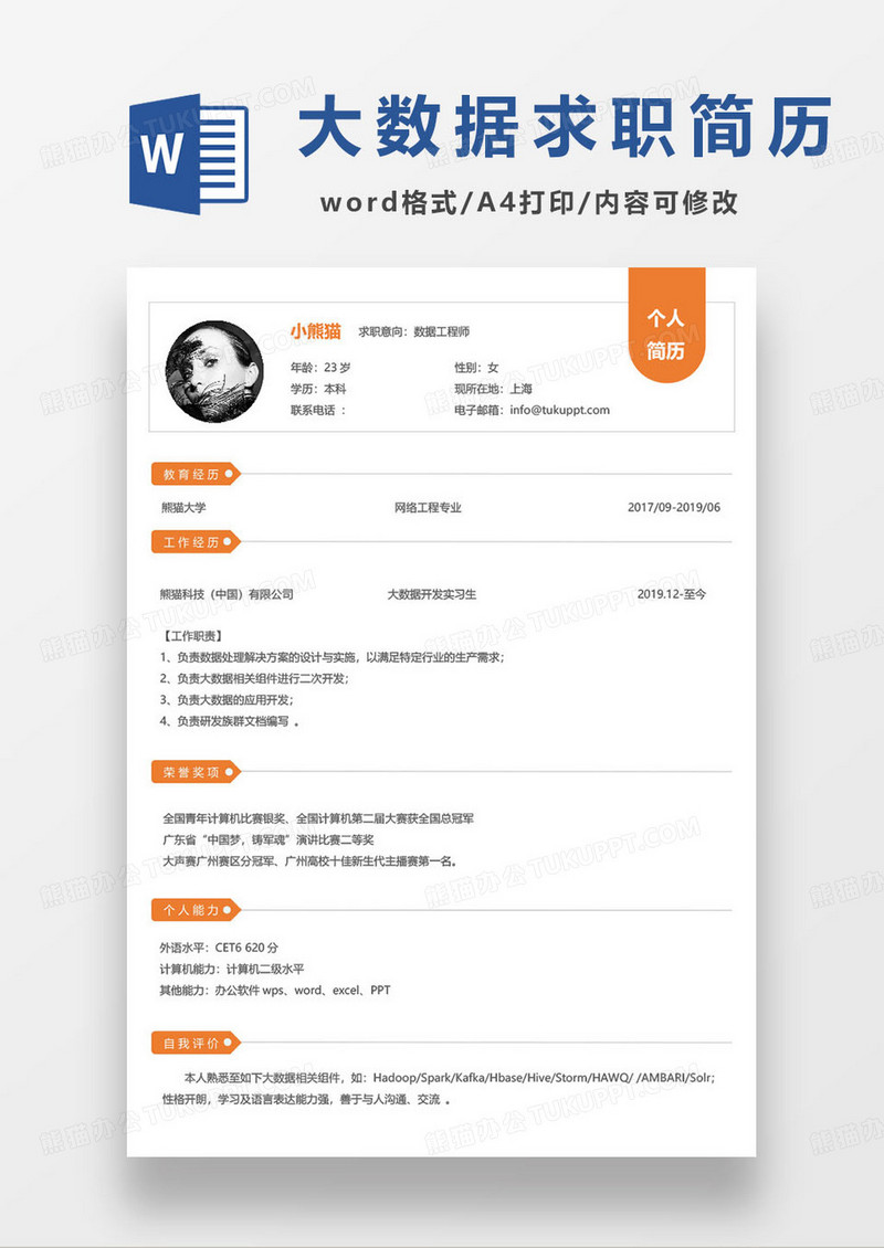 橙色简约数据工程师求职简历范本