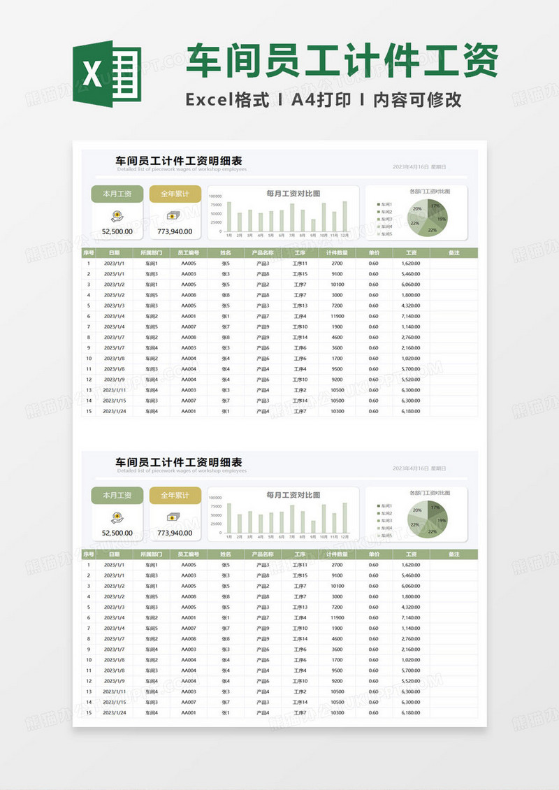 车间员工计件工资明细表excel模板