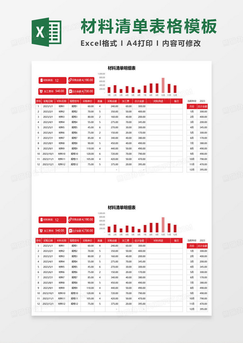 红色商务风公司材料清单明细表excel模板