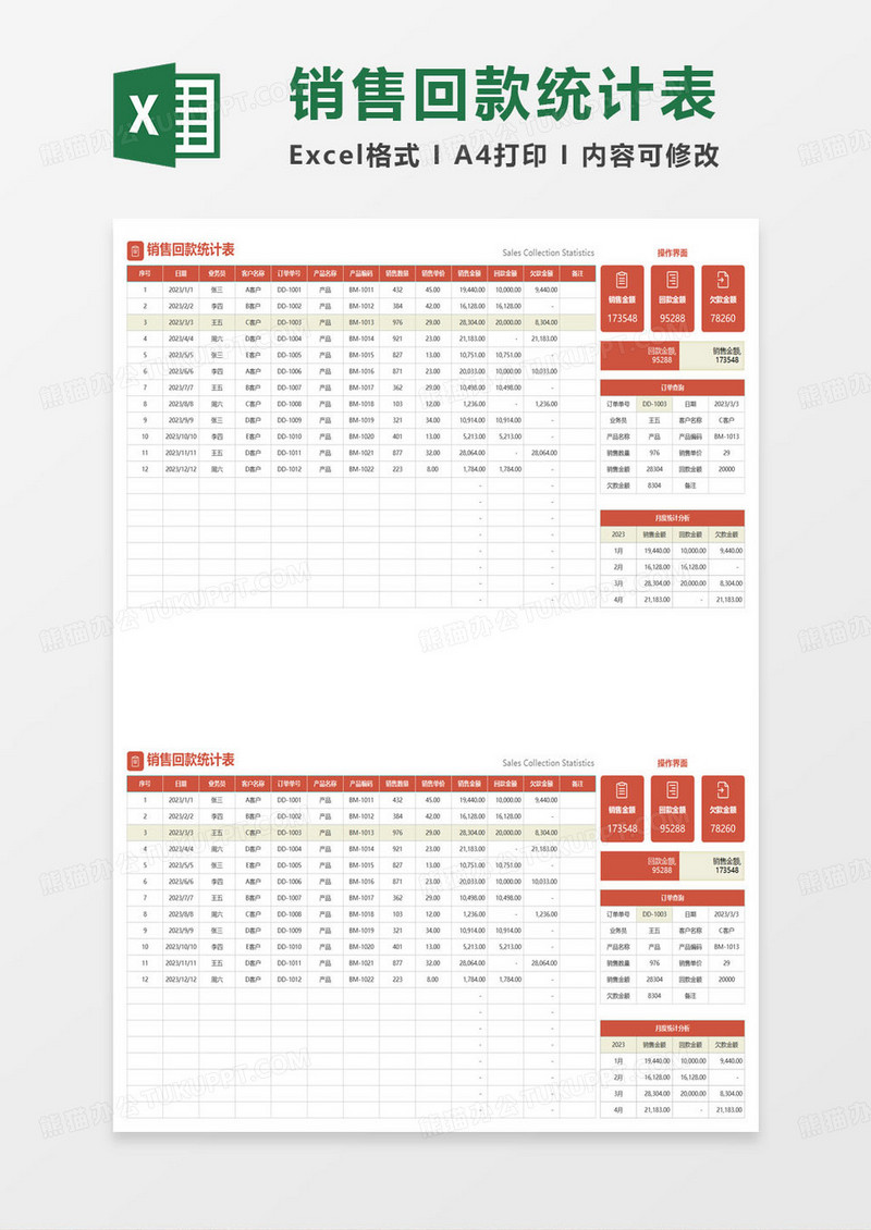 红色简约销售回款统计表excel模板