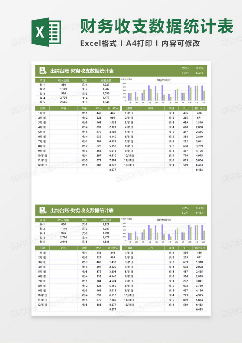 绿色简约出纳台账-财务收支数据统计表