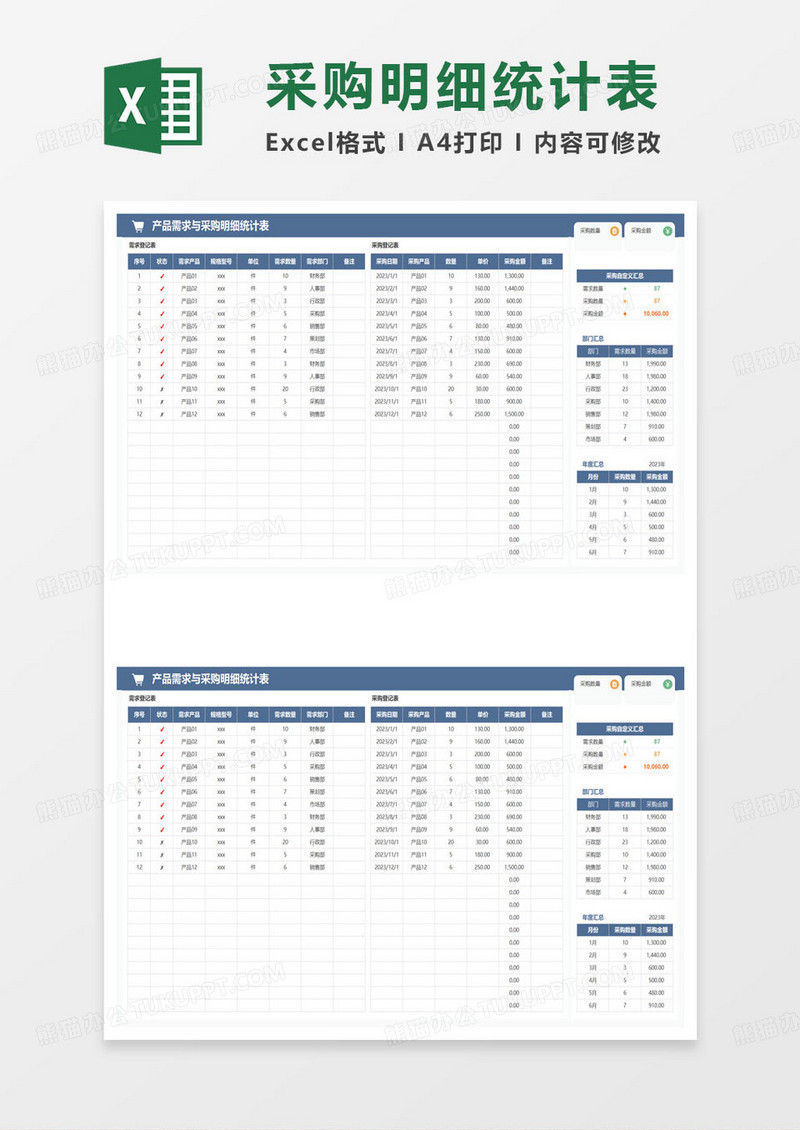 深蓝色产品需求与采购明细统计表