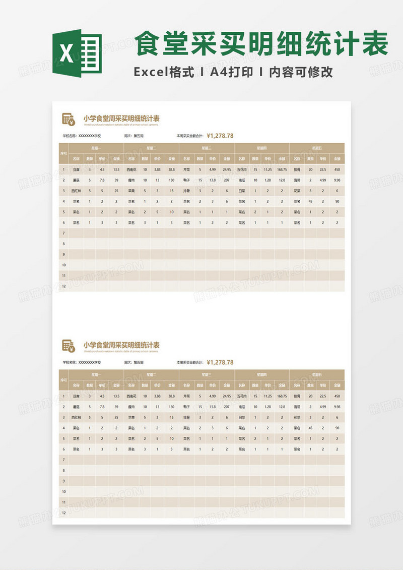 小学食堂周采买明细统计表excel模板