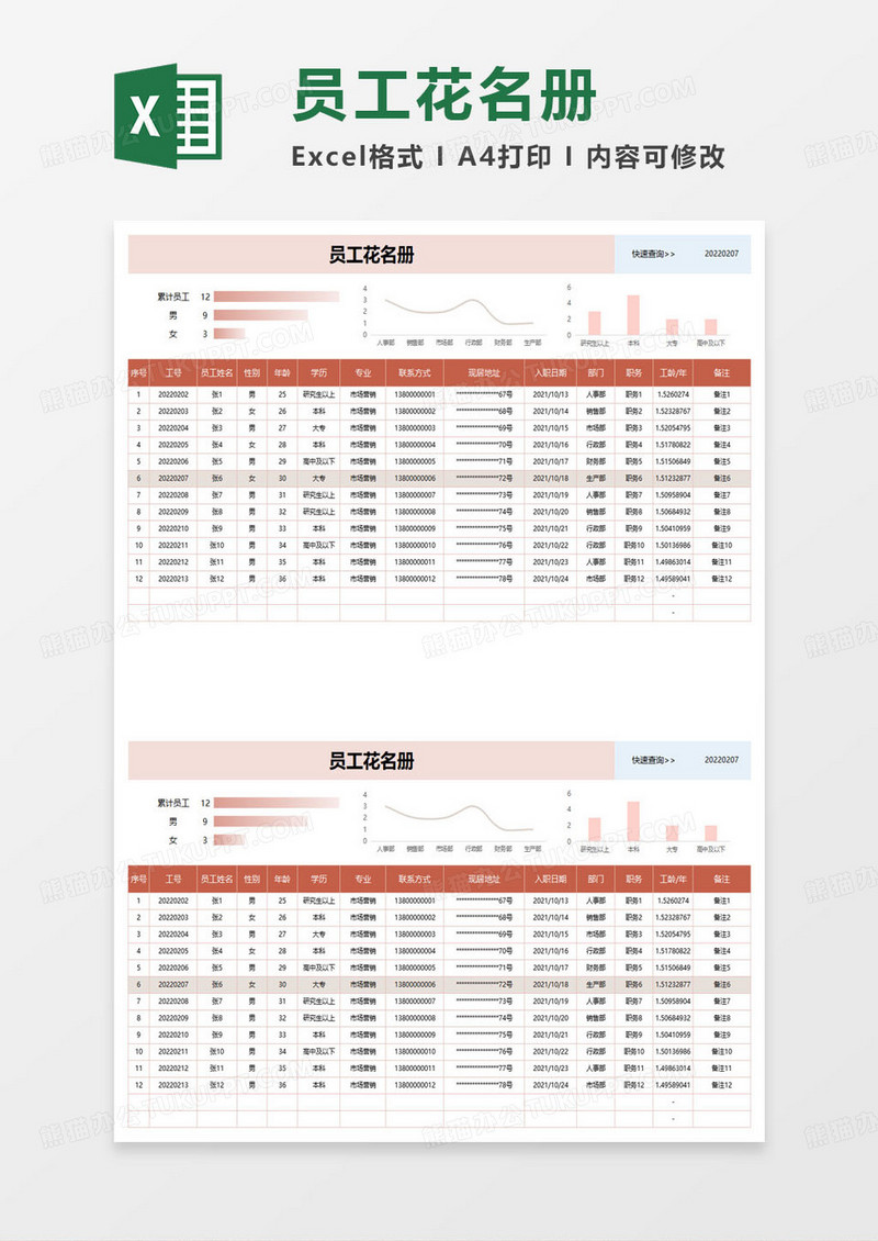 简约通用员工花名册可视化图表excel模板