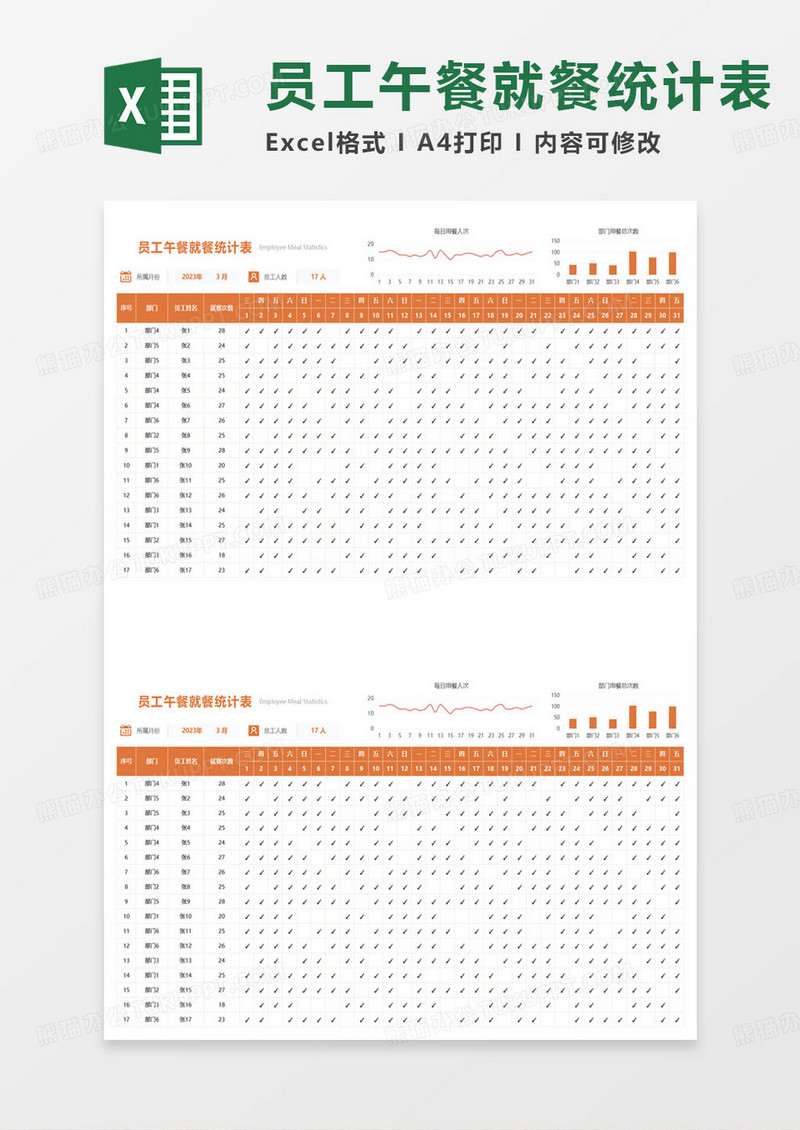 员工午餐就餐统计表excel模板