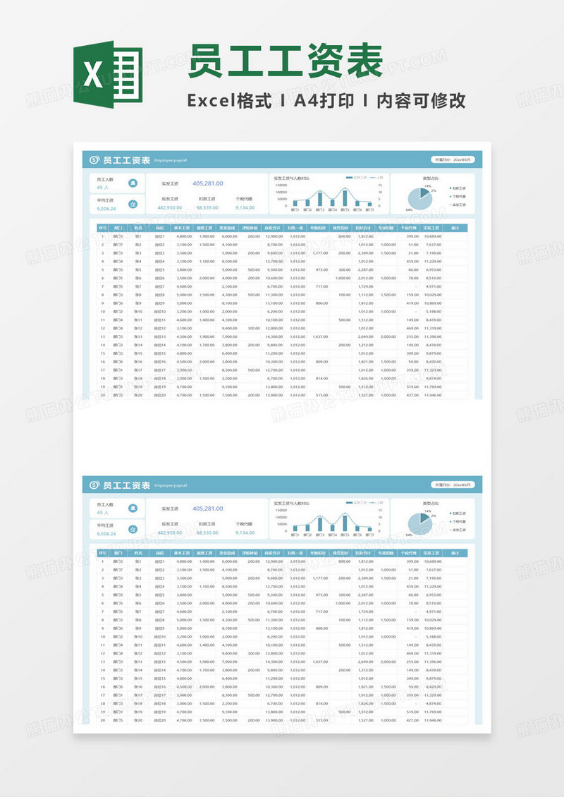 蓝色简约员工工资表excel模板