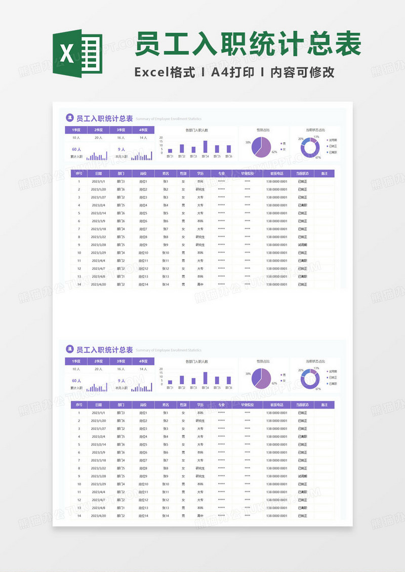 紫色简约员工入职统计总表excel模板