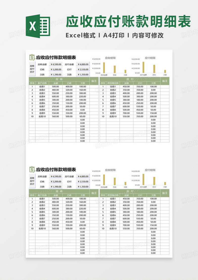 绿色简约企业应收应付账款明细表excel模板