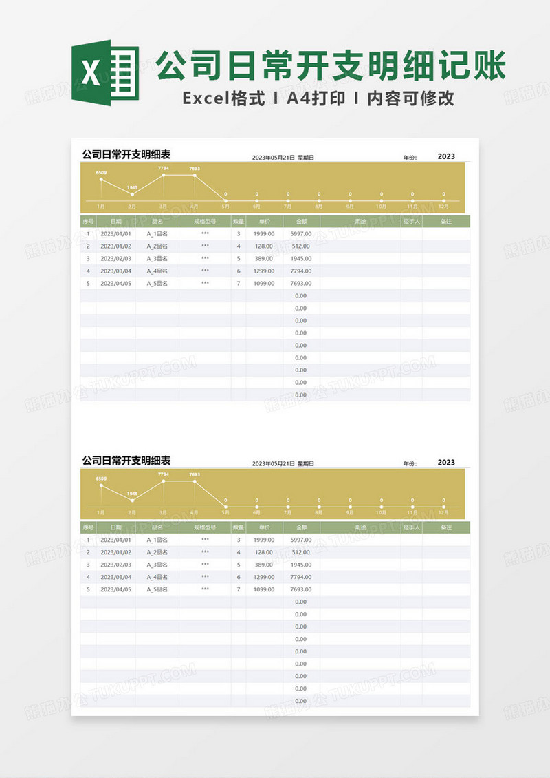 黄色简约公司日常开支明细表excel模板