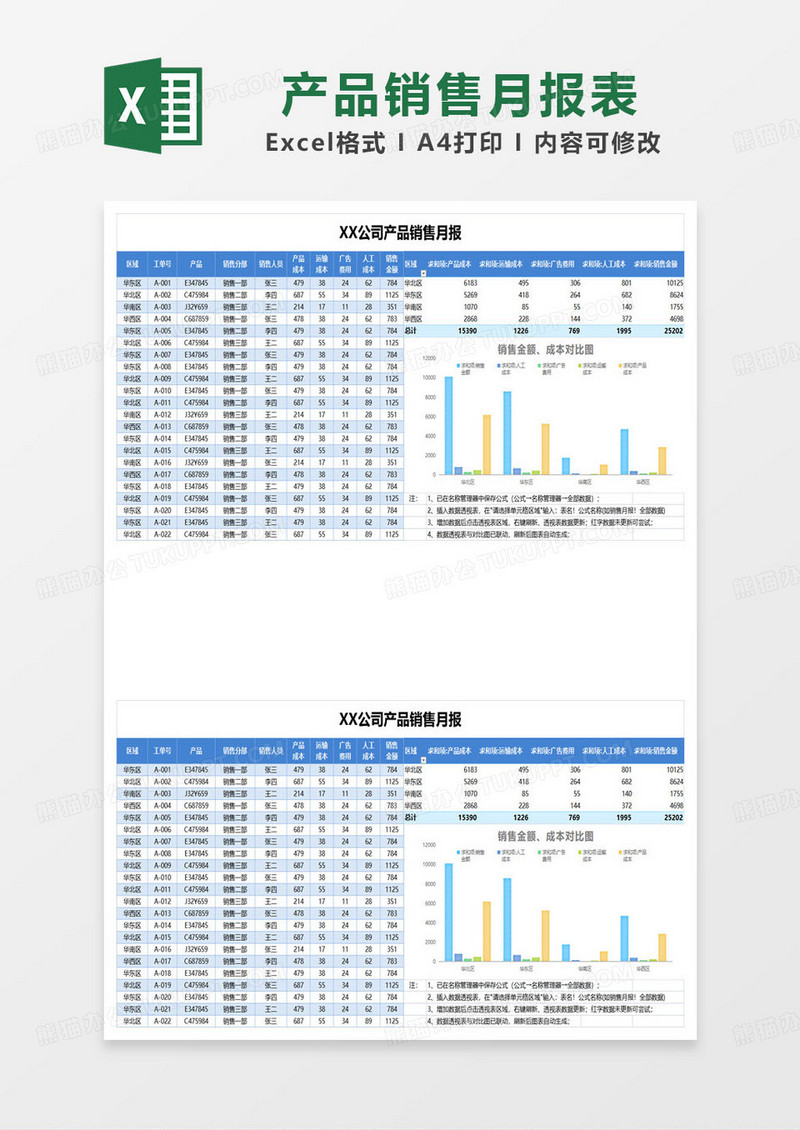 蓝色简约公司产品销售月报表excel模板