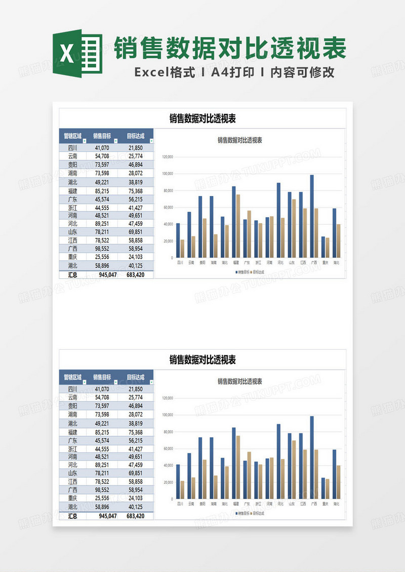 蓝色简约销售数据对比透视表excel模板