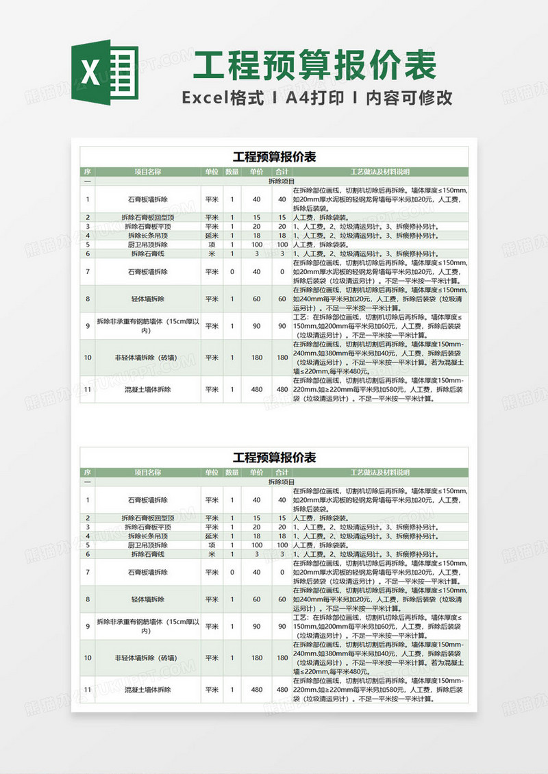 绿色简约小清新工程预算报价表excel模板