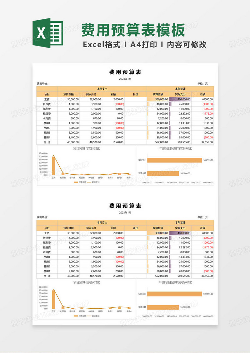 橙色简约费用预算表excel模板