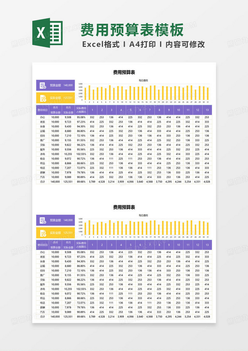 简约紫色公司费用预算表格模板