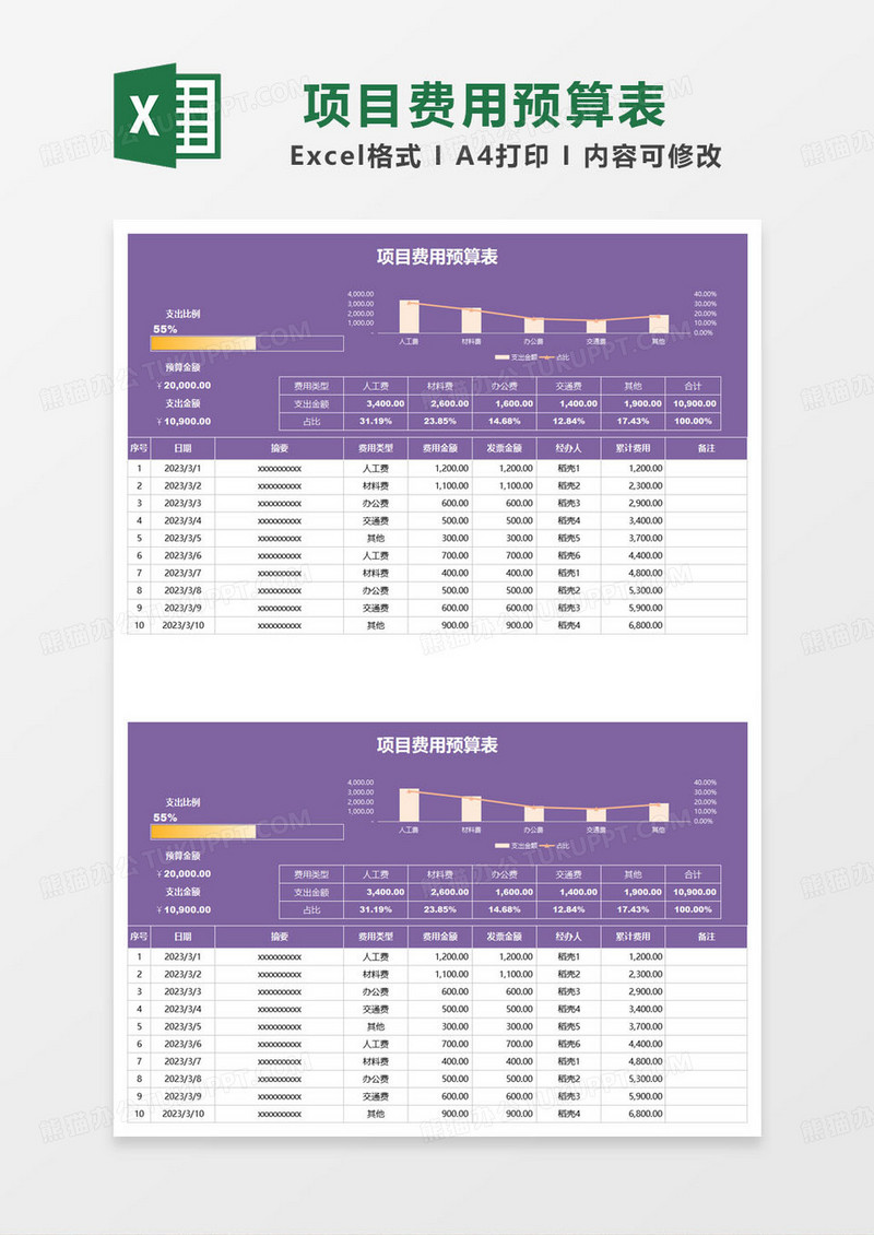 紫色简约项目费用预算表excel模板