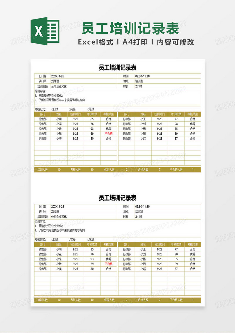 黄色简约员工培训记录表excel模板