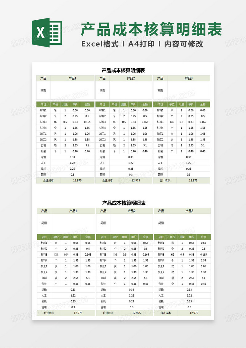 绿色简约产品成本核算明细表excel模板