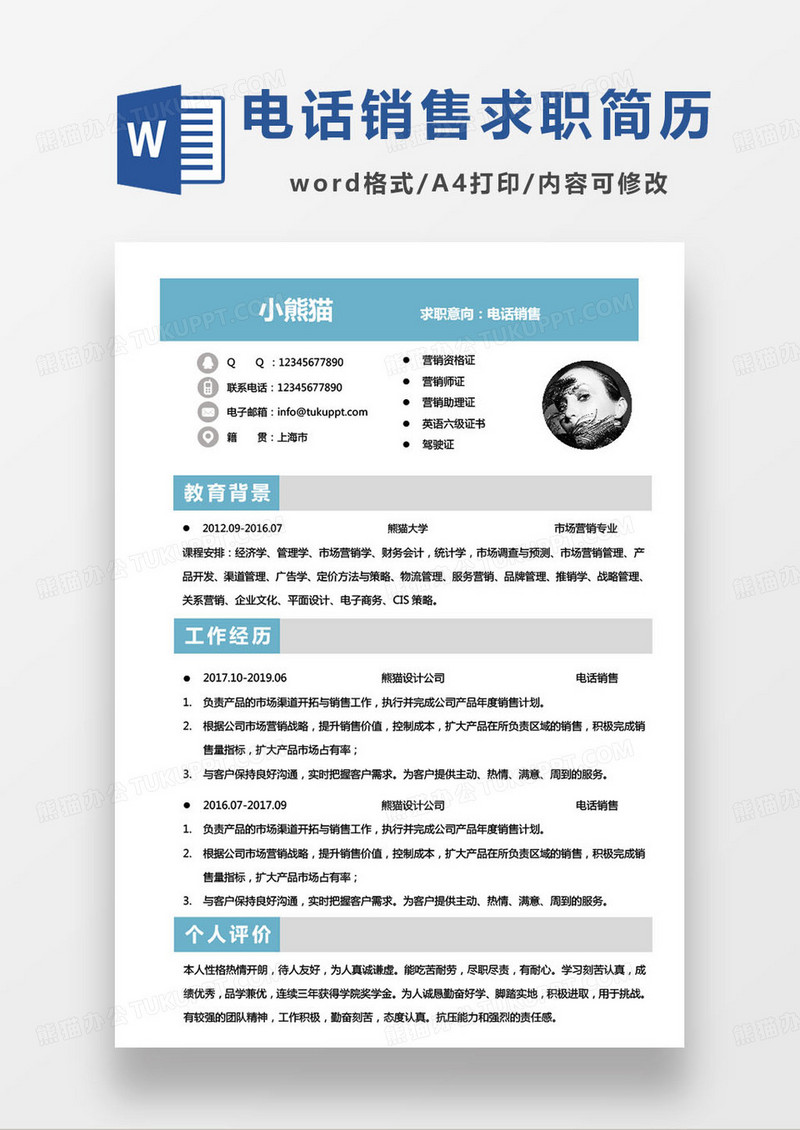 简约蓝色商务电话销售求职简历